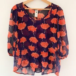 Needle & Thread Sheer Floral Orange & Blue Blouse